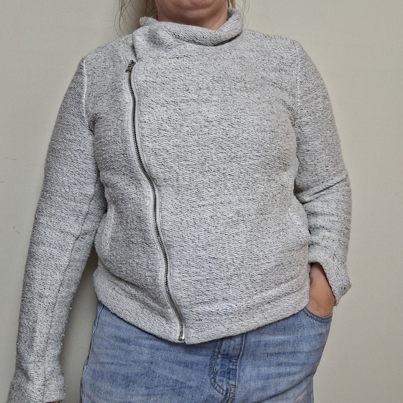 Loft Gray Marled Asymmetrical Full Zip Moto Sweater Jacket Size Small - Picture 2 of 12